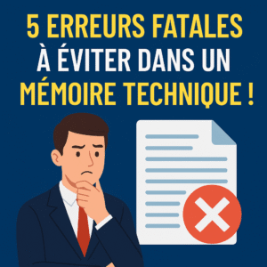 Image explicative sur les erreurs à éviter dans la rédaction d’un mémoire technique pour les marchés publics.